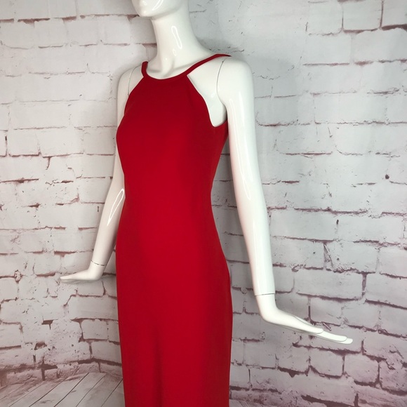 CALVIN KLEIN Halter Neck Size 4 Red Crepe Floor Length Maxi Gown Prom Dress - Picture 15 of 16